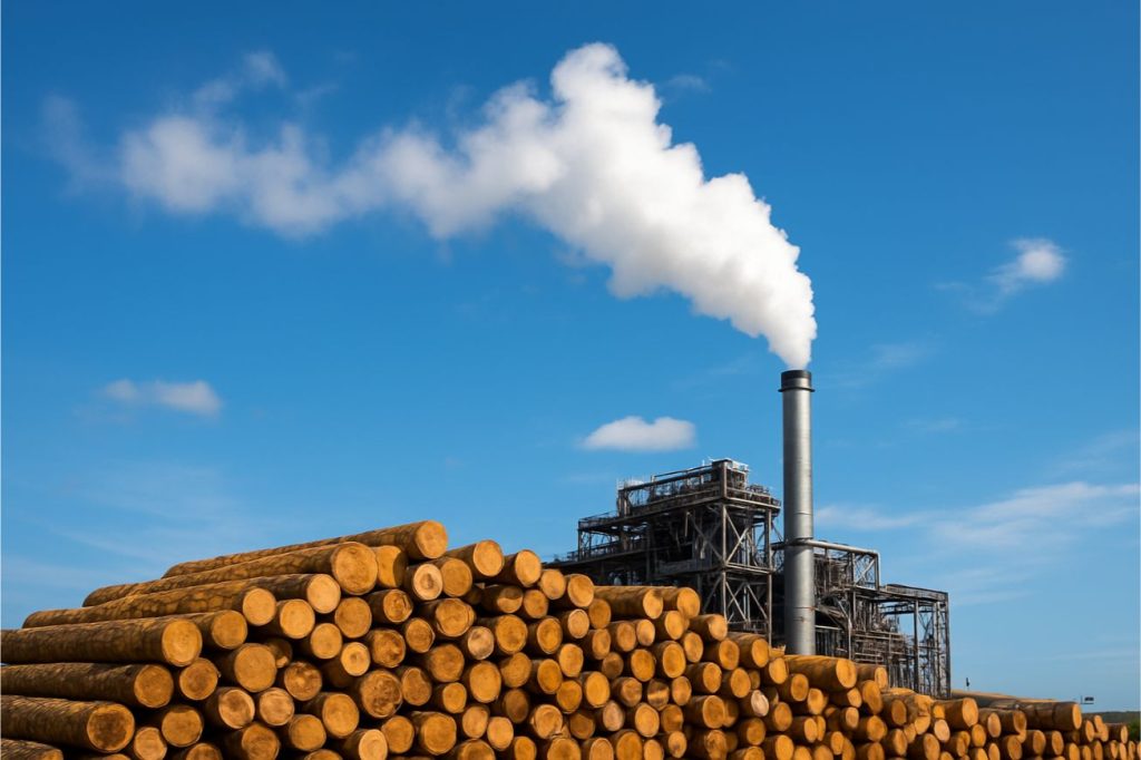 Pulp and paper factory exterior with stacked logs and smokestack under blue sky